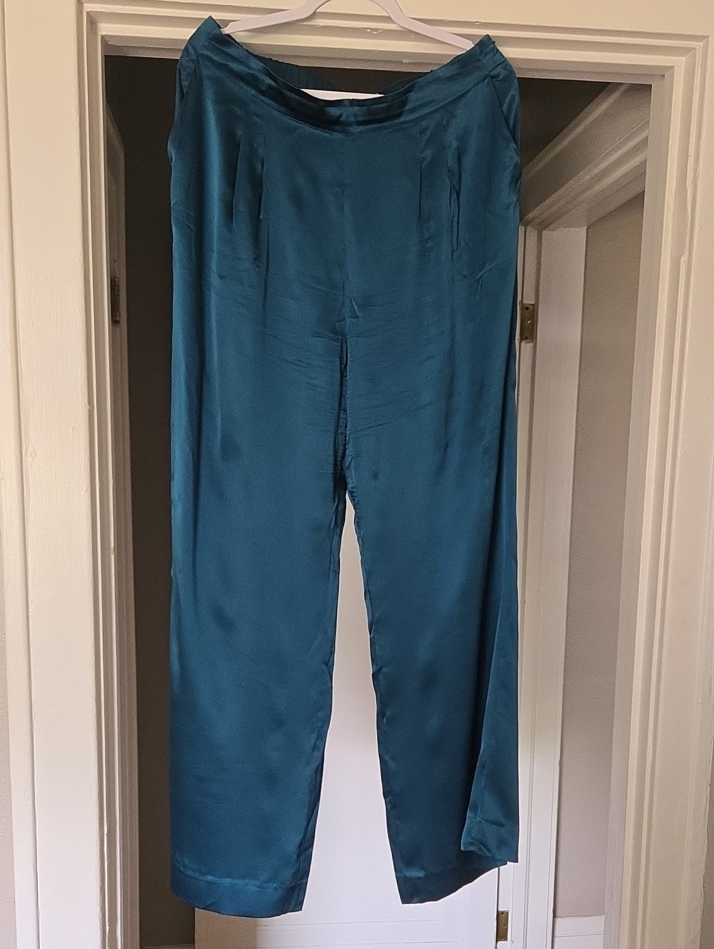 Cuyana Teal Satin Wide-Leg Trousers